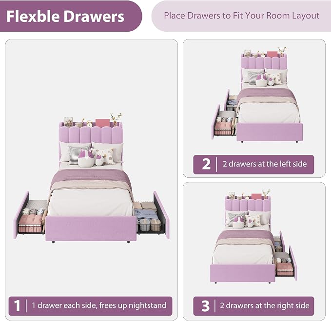 Garvee LED Twin Size Bed Frame with Storage Headboard, Kids Bed Frame with 2 Drawers, Boucle Upholstered Platform Bed for Girls, Chic Wavy Headboard with Bookcase, No Box Spring Needed, Purple