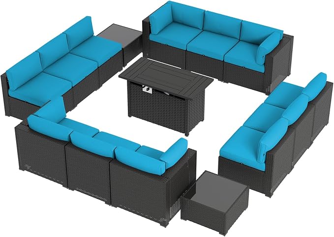 Aoxun 15 Piece Patio Furniture Set with 44” Fire Pit Table, Wicker Rattan Patio Sectional Sofa, Outdoor Furniture Set with Thickened Cushion, Peacock Blue