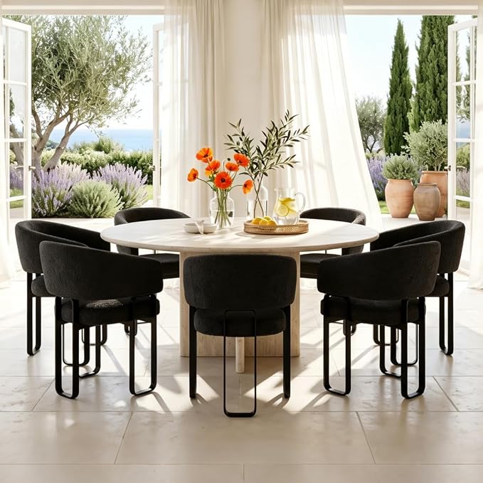 Modern Barrel Dining Chairs Set of 4, Black Boucle Kitchen Chairs with U-Shaped Stainless Steel Legs, Armchair with Open Back for Living Room Bedroom Makeup Room
