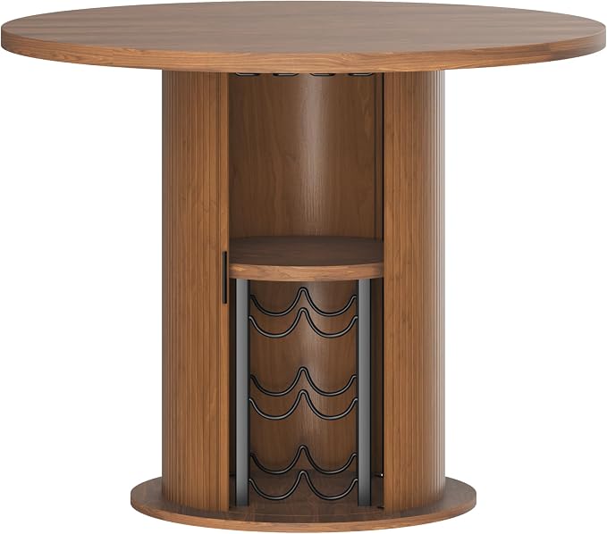 Dining Table for 4, 31“ Round Dining Room Kitchen Table with 2-Tier Storage Shelf & Wine Rack, Fluted Wood Table with Slide Door, Wood Oval Dinner Furniture(Walnut-Non Extensible, 31 Inch)