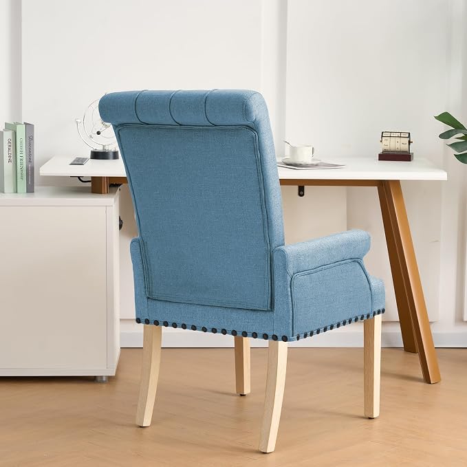 adochr Upholstered Fabric Accent Dining Chair, Elegant Tufted Club Dining Room Kitchen Room Arm Dining Chair, Light Blue