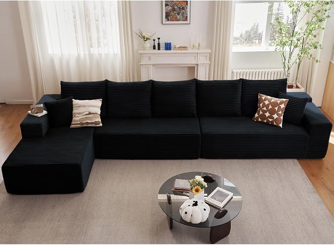 166.9" Cloud Sectional Couch with L-Shape Chaise, Modern Modular Comfy Sofa Chaise Longue, Upholstered Corduroy Couches Sleeper with Deep Seat for Living Room Bedroom, No Assembly Required, Black