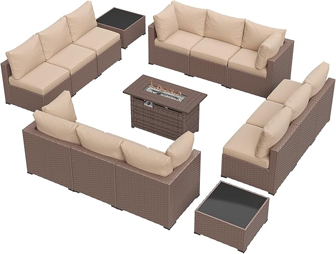 Aoxun 15 Piece Patio Furniture Set with 44” Fire Pit Table, Wicker Rattan Patio Sectional Sofa, Outdoor Furniture Set with Thickened Cushion, Brown