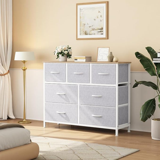 Sweetcrispy 7 Drawer Dresser with Fabric Bins, Fabric Storage Tower Organizer for Bedroom, Closet, Hallway, Entryway, Tall Chest of Drawers with Steel Frame, Wood Top, Light Grey