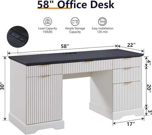 58" Modern Executive Desk with 5 Drawers & 1 Cabinet, Built‑in Outlet | Fluted Computer Writing Desk for Study, Living Room, Bedroom, Antique White