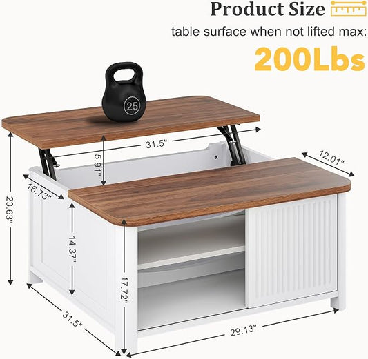 Decofy Lift Top Coffee Table with Storage Mid Century Modern Square Coffee Tables for Living Room, Large Hidden Storage Compartment, Adjustable Shelves & Sliding Door