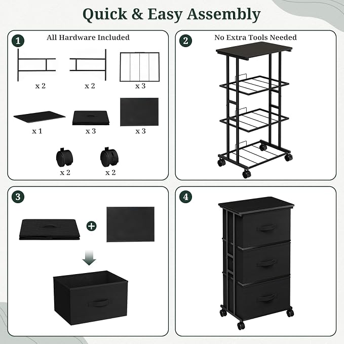 3 Drawers Dresser with Wheels, Storage Organizer with Removable Fabric Bins and Steel Frame, Small Nightstand Dresser for Bedroom Office, Entryway, Ink Black
