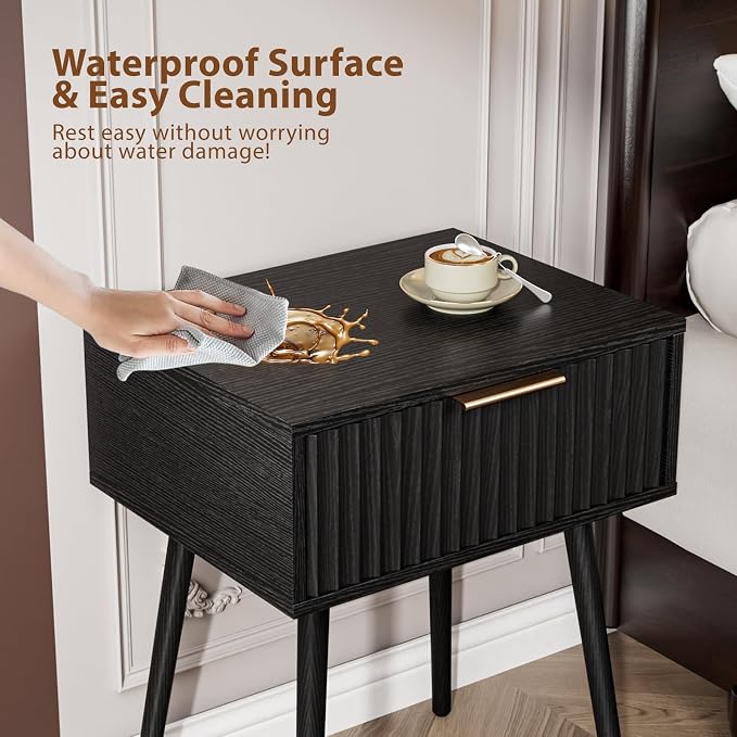 VINGLI Nightstands Set of 2, Fluted Night Stand with Drawer, Bedside Table, Wood Nightstand for Bedroom, Mid Century Modern End Tables, Black, 18.9" W*14.96" D*24" H