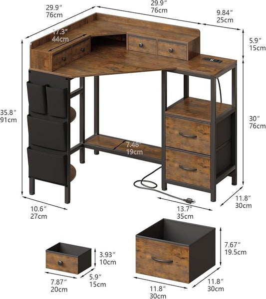 VENNQD Corner Desk with 6 Fabric Drawers Shelves for Small Space Computer Desk with Power Outlets,Gaming Desk with Printer Monitor Stand Storage for Home Office Workstation Writing Table Brown