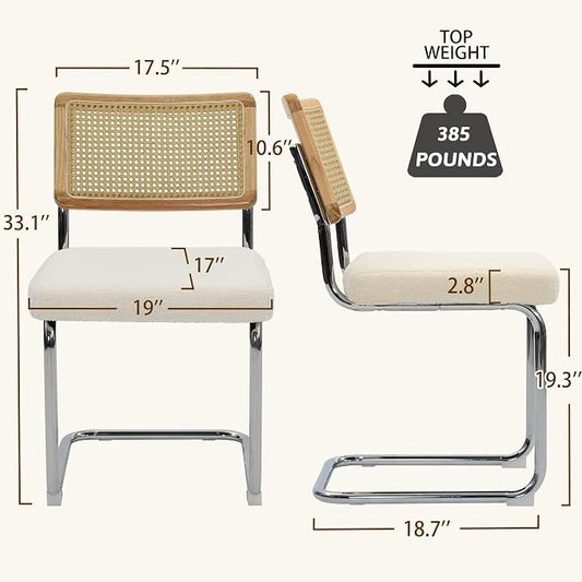 KROFEM Dining Chairs Set of 4,Modern Rattan Kitchen Chairs,White | Mid Century Modern Design,Polished Chrome Frame,Upholstered Seat