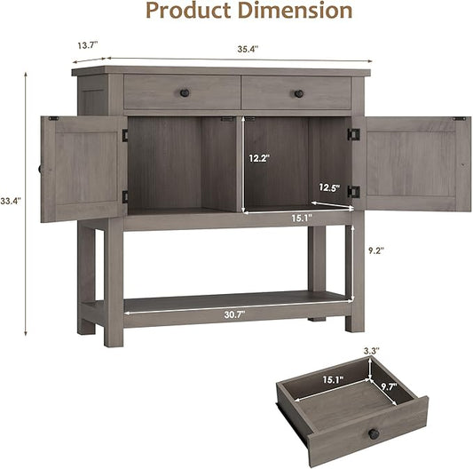 HOSTACK Farmhouse Console Table with 2-Door Cabinet & 2 Drawers, Coffee Bar, Entryway Table with Storage Shelf, Sofa Tables Buffet Sideboard for Kitchen, Hallway, Dining, Living Room, Ash Gray