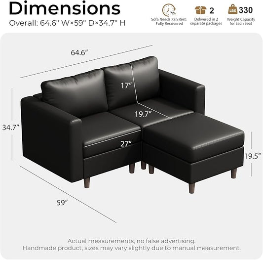 ABCASA Modular Sectional Loveseat Sofa Couch with Storage Seats, 3 Seater L Shaped Couch with Movable Ottoman for Small Spaces,Black