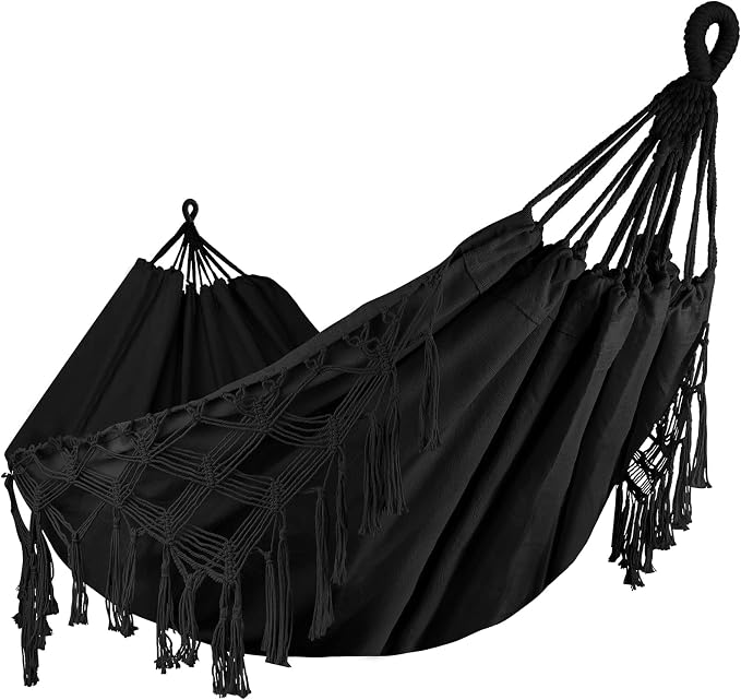 Bellzacasa Double Hammock, Heavy Duty 500 lb Load Capacity Tassels and Fishtail Knitting Portable Camping Hammocks with Mounting Straps for Outdoor Camping Patio Balcony Black