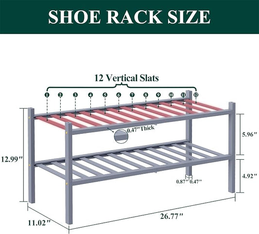 Smiry Bamboo Shoe Rack, 2 Tier Free Standing Wooden Shoe Organizer, Stackable Wood Shoe Storage Shelf for Closet, Entryway, 12 Vertical Slats, One-piece Standard Legs, 26.8"x11"x13", Grey