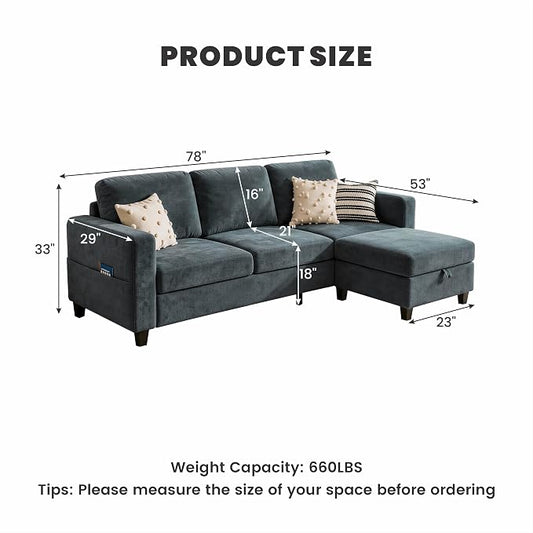 78" Sectional Sofa Couches for Living Room, Blue L Shaped Couch with Storage Ottoman, Deep Seat Pet-Friendly Velvet Fabric Sofa Set for Small Space, Apartment, Dorm