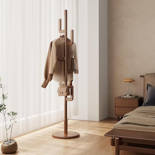 Muwuele Solid Wood Cactus Coat Rack, Freestanding Coat Rack With 6 L-Shaped Hooks and 3 Adjustable Sizes, Coat Tree for Bedroom, Entryway, Livingroom, Coat Hanger Stand for Coats, Handbags (Walnut)