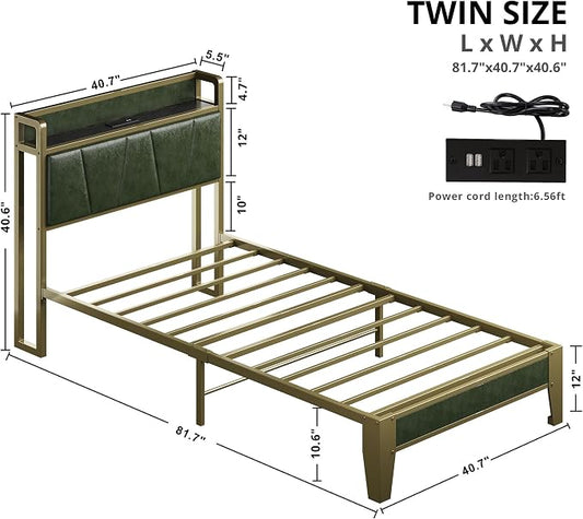 LIKIMIO Twin Bed Frame, Storage Headboard with Charging Station, Solid and Stable, Noise Free, No Box Spring Needed, Easy Assembly (Dark Green)