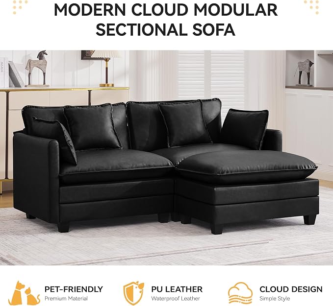 76'' Cloud Deep Seat Loveseat Sofa, Upholstered Leather Modular 2-Seats Sectional Sofa Couch with Movable Ottoman, Modern Comfy Settee Loveseat for Living Room Set, Small Apartment,Leather Black