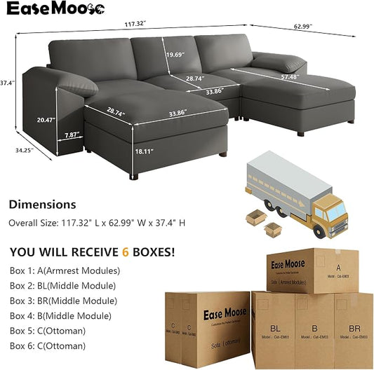 EASE MOOSE Oversized Modular Sofa with Deep Seat,Leather Sectional U Shaped Couch for Living Room,Comfy Scratch Resistant Faux Leather Material,Modern Sofas with Ottoman,Grey