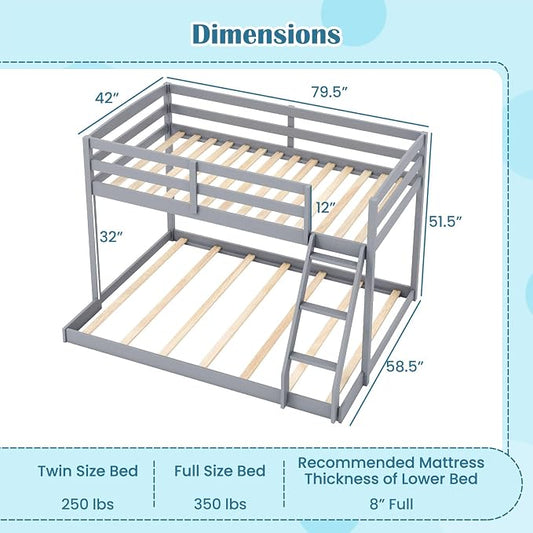 Giantex Twin Over Full Bunk Bed, Solid Wood Kids Bunk Bed with Full-Length Guardrails & Ladder, Low Bunk Beds with Slats Support for Kids, Teens, No Box Spring Needed, Grey