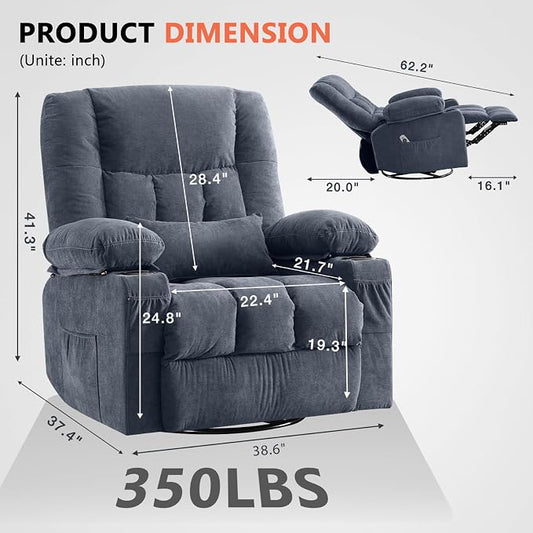 Swivel Rocker Recliner Chair with Vibration Massage and Heat Ergonomic Lounge Chair for Living Room with Rocking Function and Side Pocket, 2 Cup Holders, USB Charge Port