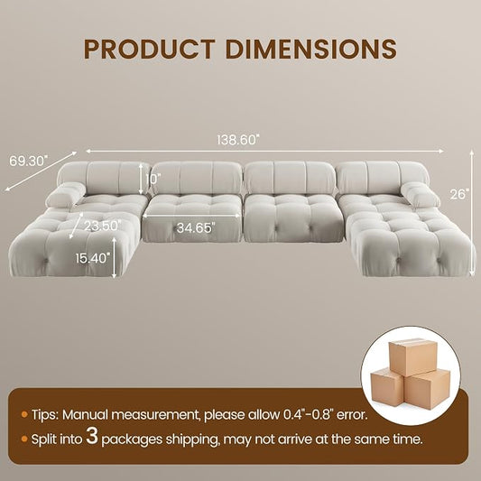 Modern Velvet Sectional Sofa, U Shape Minimalist Modular 6-Seater Couch with 2-Ottomans for Living Room Office Apartment (138in/Beige)