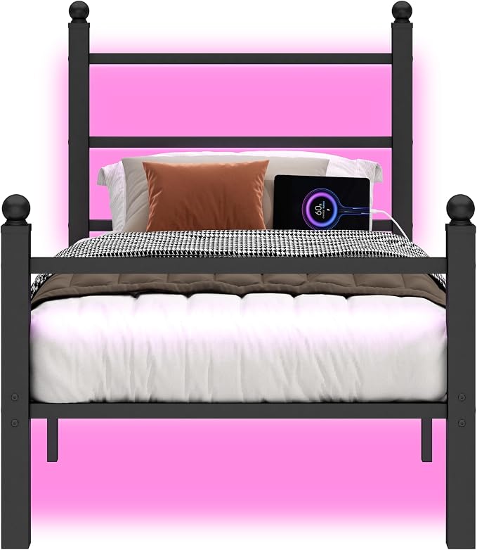 CLIBFENG Twin Bed Frame with Headboard and Footboard,Steel Slats Support-LED Bed Frame with USB Charging Station,Mattress Foundation-Under Bed Storage,No Box Spring Needed,Noise Free,Black