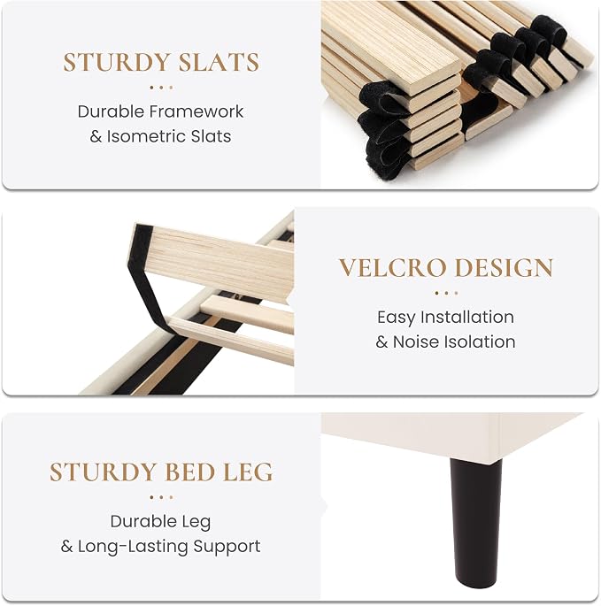 SHA CERLIN Queen Size Platform Bed Frame, Velvet Upholstered Bed with Adjustable Headboard, Vertical Channel Tufted Design, Sturdy Wood Slat Support, No Box Spring Needed, Easy Assembly, Cream White