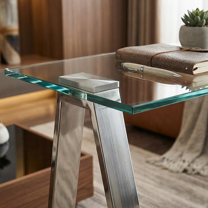 Cortesi Home Trixie Glass Top Desk/Console Table with Stainless Steel Frame, 40"