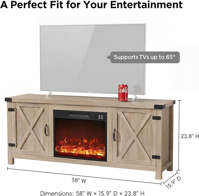 YESHOMY Fireplace TV Stand with Two Barn Doors and Storage Cabinets for Televisions up to 65+ Inch, Entertainment Center Console Table, Media Furniture for Living Room, 58 Inch, Yellow Oak