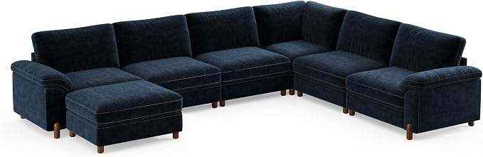 SITJOY Large Cloud Couch, 138" Wide 6 Seater U Shape, Chenille in Navy Blue | Detachable and Washable Chenille Cover Sectional Sofas for Living Room, Deep Seat Wide Couch with Chaise, Storage Ottoman
