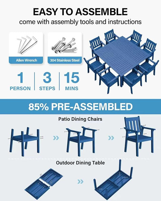 YEFU HIPS Patio Table Set: 10 Piece Outdoor Table and Chairs Dining Furniture Set with Umbrella Hole - Blue Modern Plastic Dining Sets 8 Person for Outside Deck with Metal Aluminum Frame
