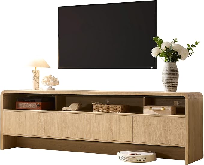 AMERLIFE 70" Modern TV Stand for TVs Up to 80", Wood TV Console with Curved Profile Design & 2 Storage Cabinets, Media Console Entertainment Center for Living Room, Natural Oak