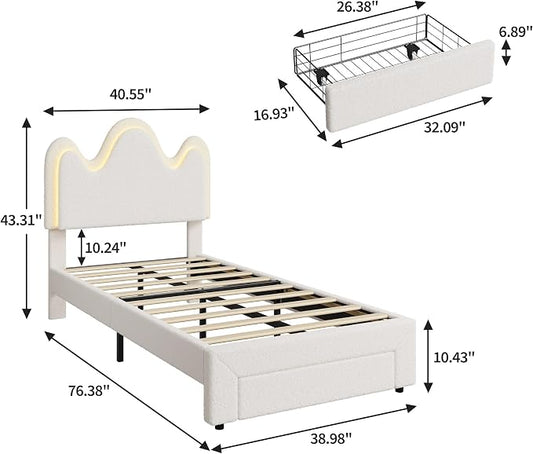 IDEALHOUSE Twin Bed Frame with LED Headboard and Under-Bed Drawer, Metal Upholstered Platform Bed with LED Light for Kids, Girls, Lamb Fleece Fabric, Wooden Slats Support, No Box Spring Needed, White