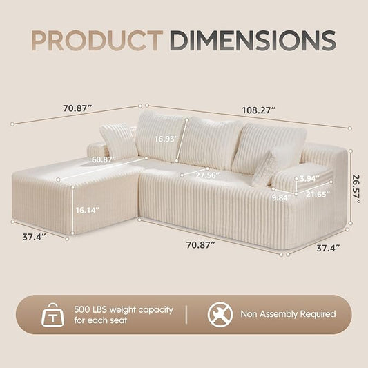 Hobestluk Boneless Couch Modular Sectional Sofa L-Shape Oversized Chaise | 108" Left Facing Chaise White,Memory Foam,Removable Cover,Non-slip Bottom,No Assemble Required,Living Room Furniture
