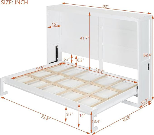 Ball & Cast Full Size Wall Cabinets Murphy Bed with Charging Station and Slat Support,Wood Hideaway Cabinet Platform Beds w/Leg & Lock,can be Folded,Space-Saving,for Small Room,Dorms,White