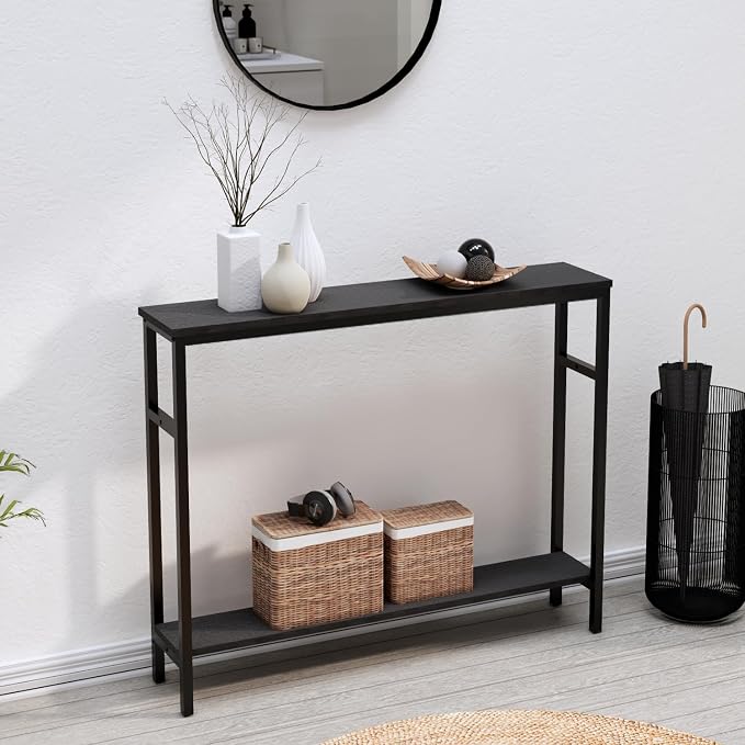 Timberer Narrow Console Table, 39.4” Sofa Table with Adjustable Shelf, 2-Tier Long Skinny Table for Hallway, Entryway, Living Room, Foyer, Black