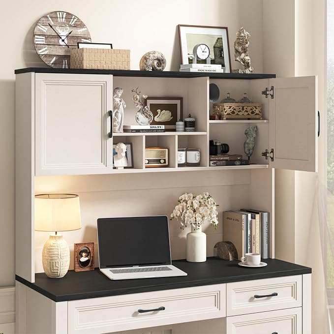 Vabches Farmhouse Executive Desk with 4 Drawers and Storage Cabinet, Rustic Large Home Writing Desk with Hutch, Workstation for Bedroom, Black.