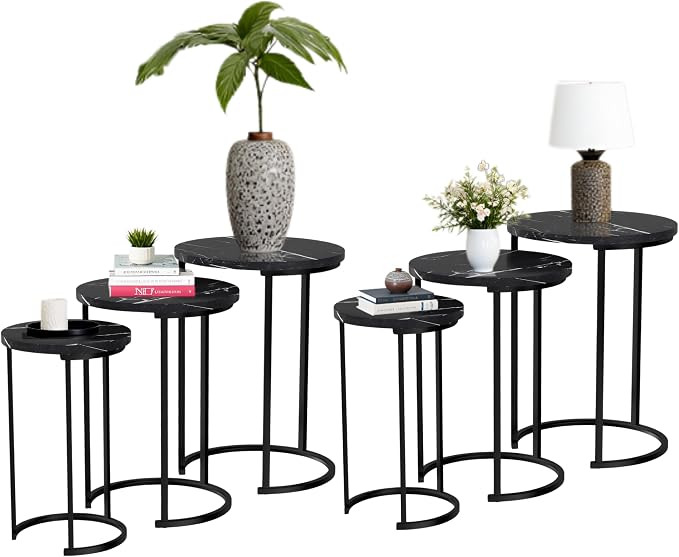 Lavish Home Nesting Tables - Set of 6 Modern Round Side Tables with Faux Marble Tops - Space Saving Accent Table Set for Living Room, Bedroom, or Home Office (Black)