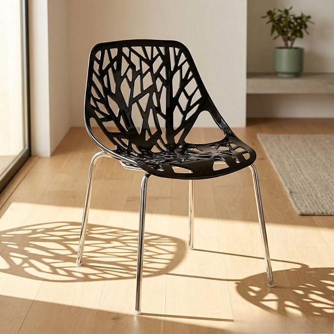 Karl home Stackable Dining Chairs Set of 4, 3-Step Assembly, 350LBS, Black | Bird's nest trunk pattern, robust metal frame, 350lbs capacity, plastic construction, for kitchen/dining/bedroom/living room