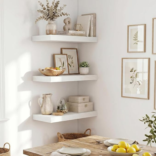 Fun Memories Wood Floating Shelves 20 Inch, 10 Inch Deep Shelves Wall Mount, Wall Shelves with Invisible Bracket, 20" Floating Shelves for Living Room Bathroom Bedroom, White, Set of 2
