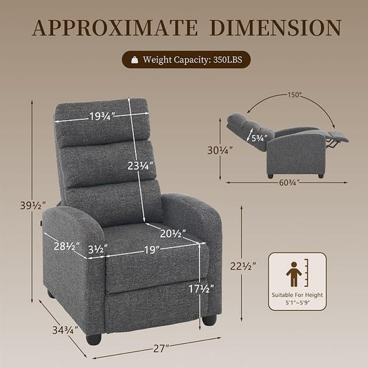 Furnimart 2-Piece Manual Recliner Chair for Small Spaces, Chenille Reclining Chair with Chunky Cushion, Comfortable Single Sofa for Adults, Ideal for Living Room, Bedroom, Home Theater, Gray