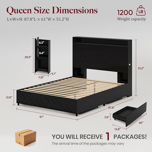 Queen Size Bed Frame with 2 Bedside Stoage Racks & 4 Locking Drawers, 51.2" Tall Headboard with Charging Station & RGB LED Lights, Farmehouse Platform Bed Frame, No Box Spring Needed, Black