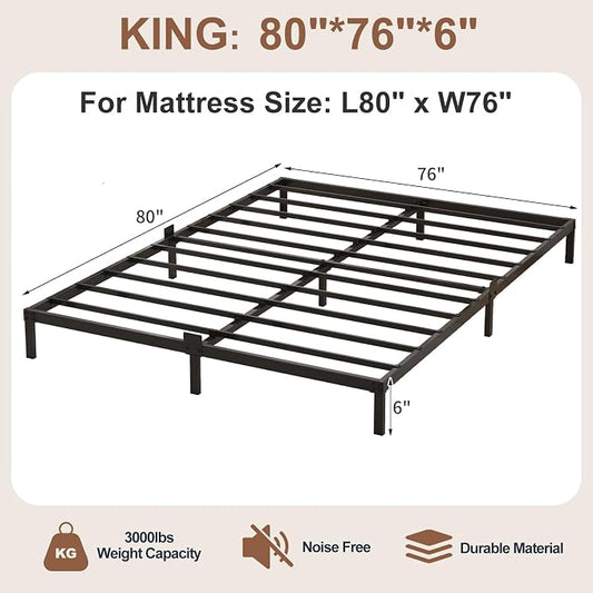6 Inch Low Profile King Size Bed Frame, Noise-Free Heavy Duty Metal Platform with Mattress Stopper, No Box Spring Needed, Easy Assembly Steel Support, Black