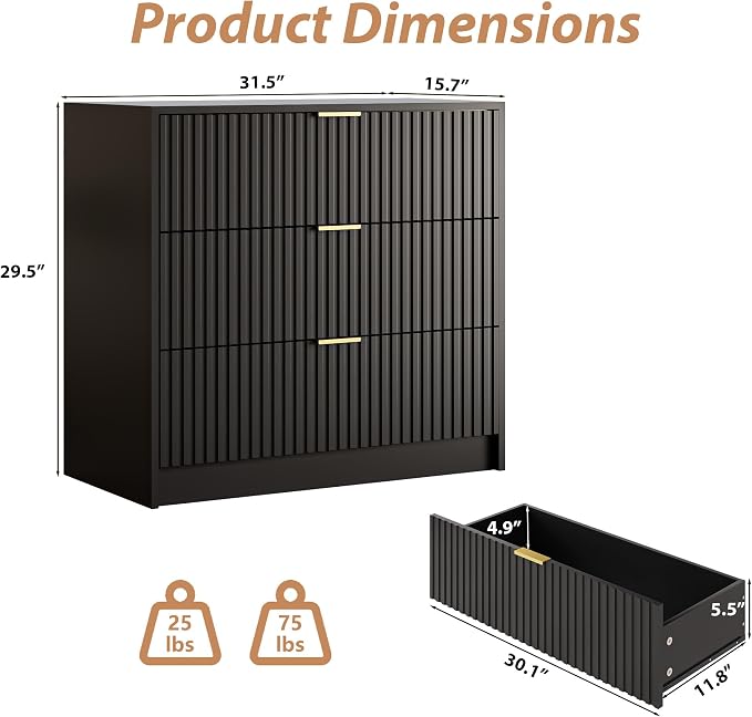 MAISONARIA 3-Piece Dresser Bedroom Set, 6 Drawer Dresser & 3 Drawer Nightstands with Gold Handles, Fluted Wood Chest of Drawers for Bedroom, Living Room, Entryway, Black