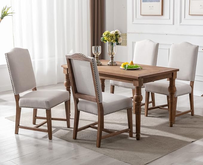 EALSON Farmhouse Dining Chairs Set of 4 Upholstered Dining Room Chairs with Wood Legs and Nailhead Trim Mid Century Modern Kitchen Chairs with High Back Padded Parson Chairs, Linen Beige