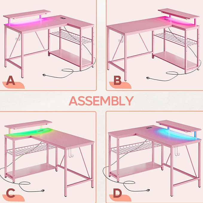 Bestier Pink Computer Desk with Power Outlets,42 LED Small Gaming Corner Desk with Reversible Storage Shelves,L Shaped Desk with Headset Hooks Studying and Workstation Desk for Office and Bedroom