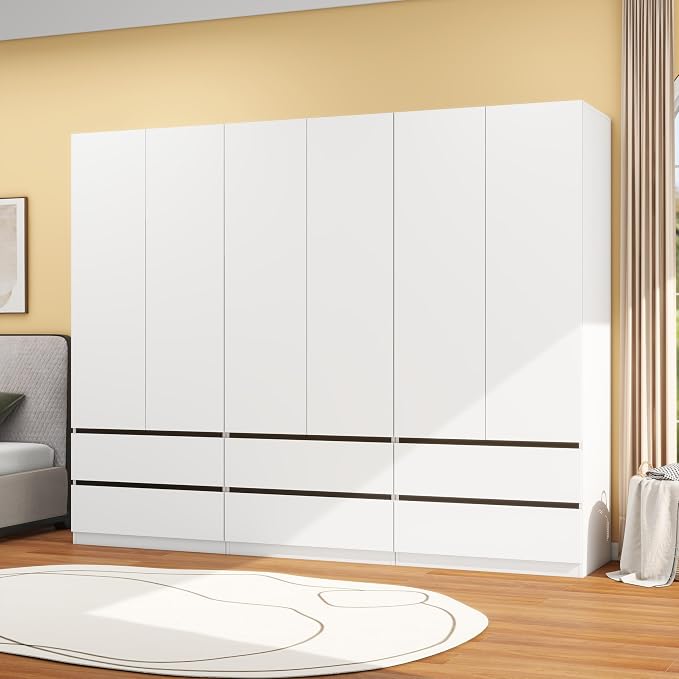 White Wardrobe Closet with Doors: 75" Large Capacity Bedroom Armoire, Wooden Cabinet with 6 Drawers, Hanging Storage Shelves with Hanging Rod (Contemporary, 3)