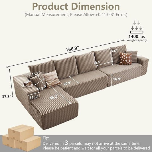 166.9" Cloud Sectional Couch with L-Shape Chaise, Modern Modular Comfy Sofa Chaise Longue, Upholstered Corduroy Couches Sleeper with Deep Seat for Living Room Bedroom, No Assembly Required, Camel