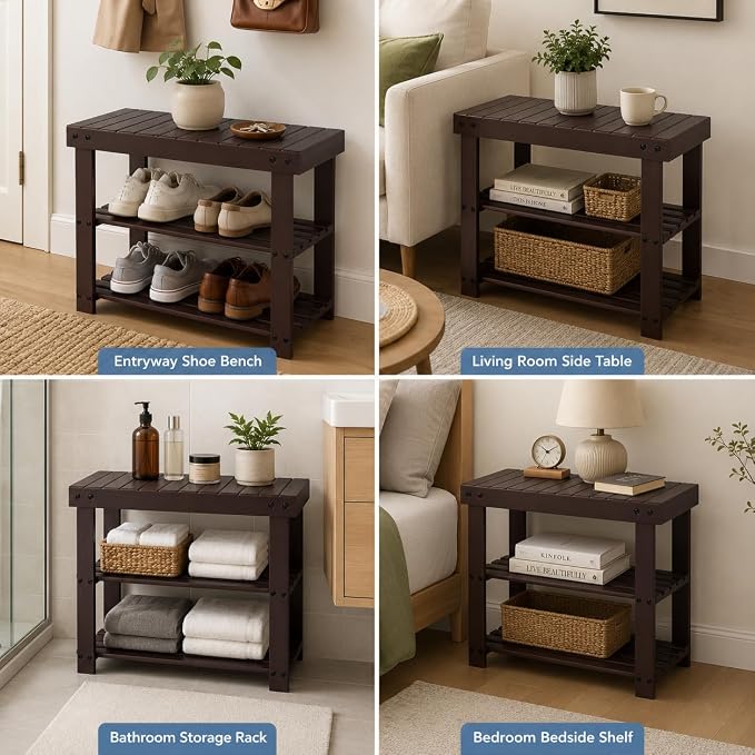 Shoe Rack Bench, 3-Tier Shoe Storage Organizer for Entryway , Shoe Shelf for Small Spaces, Multi-Functional Side Table Plant Stand, Shoe Stand for Bedroom, Living Room, Closet, Front Door, Brown